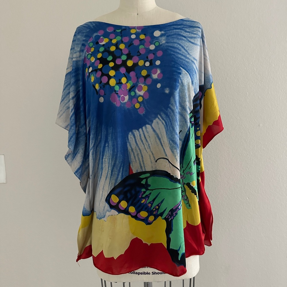 Butterfly Kaftan Top Women One Size Multicolor Art to Wear Dolman Sleeve Sheer